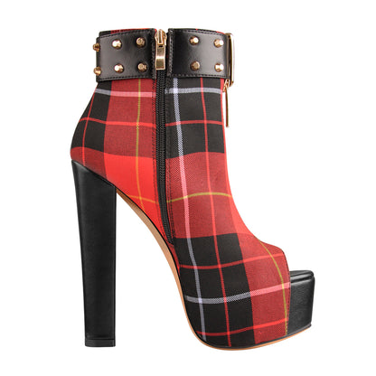 Peep Toe Rivet Leather Canvas Stitching Platform Chunky High Heel Boot | Onlymaker Featured