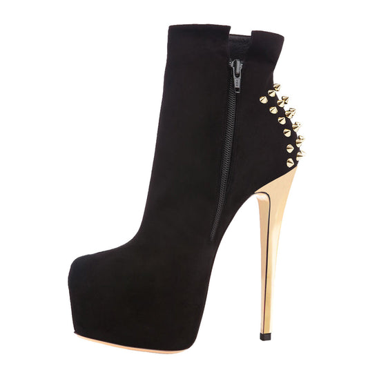 Black Suede Platform Golden Rivet Stiletto High Heel Ankle Boots | Onlymaker Exclusive