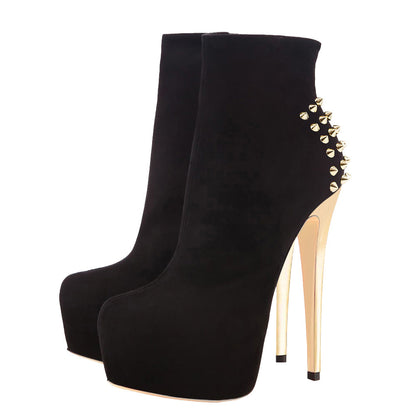 Black Suede Platform Golden Rivet Stiletto High Heel Ankle Boots | Onlymaker Exclusive