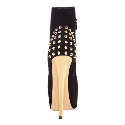 Black Suede Platform Golden Rivet Stiletto High Heel Ankle Boots | Onlymaker Exclusive