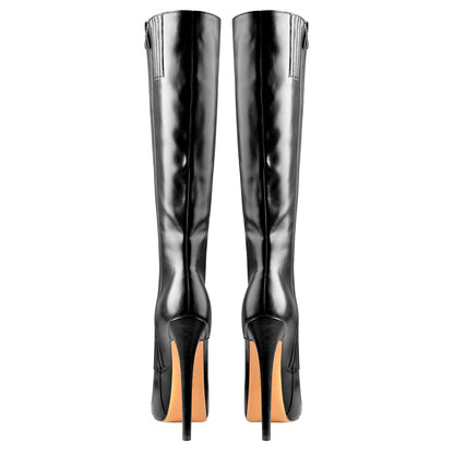 Black Platform Lace-Up Knee High Stiletto Boots | Onlymaker Essential