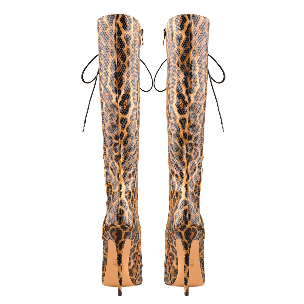 Lace up Leopard Pointed Toe Knee High Boots | Onlymaker Trusted