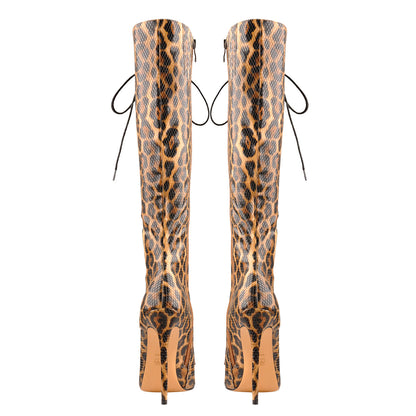 Lace up Leopard Pointed Toe Knee High Boots | Onlymaker Trusted