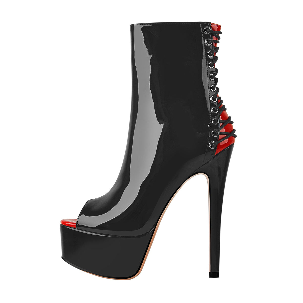 Red Peep Toe Patent Leather Zipper Ankle Boots | Onlymaker Great Value