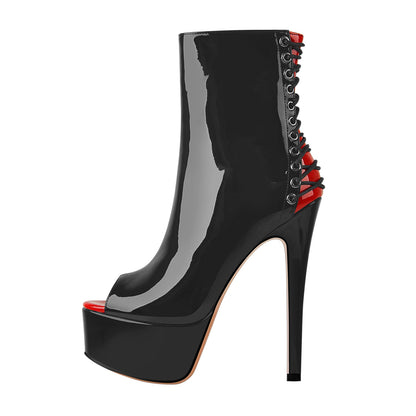 Red Peep Toe Patent Leather Zipper Ankle Boots | Onlymaker Great Value