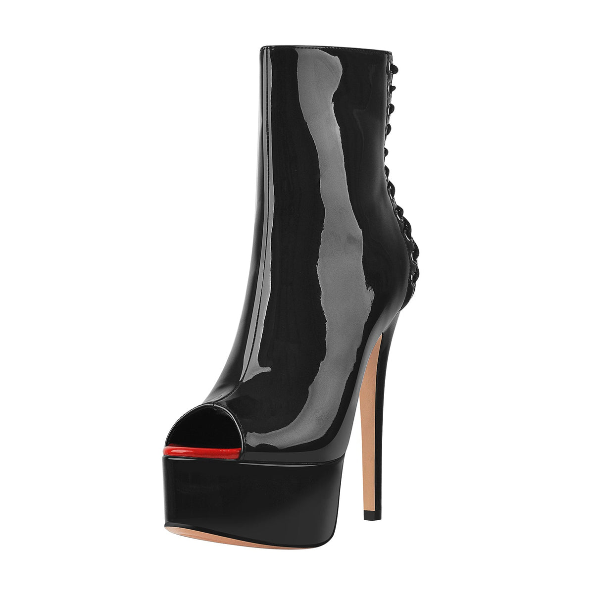 Red Peep Toe Patent Leather Zipper Ankle Boots | Onlymaker Great Value
