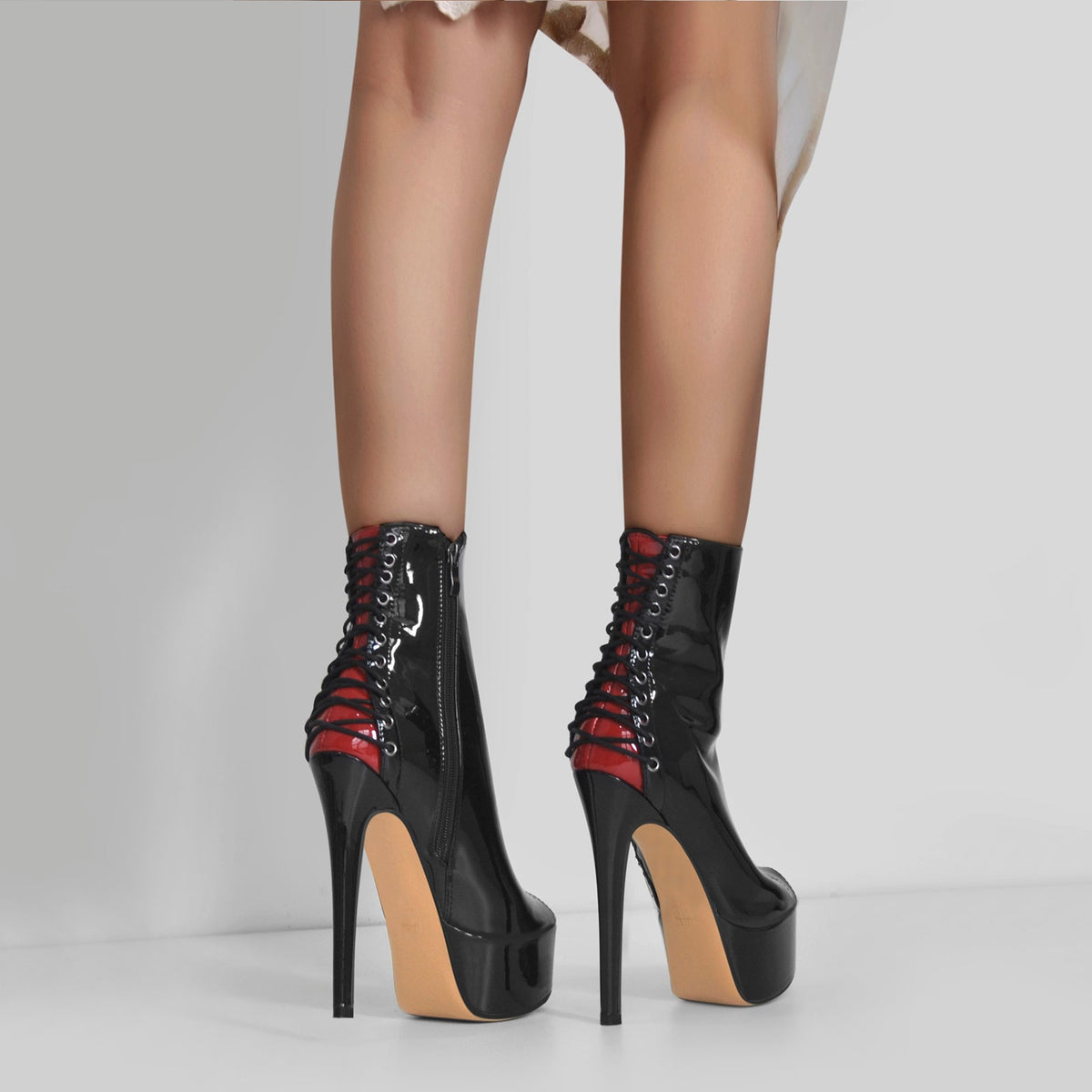 Red Peep Toe Patent Leather Zipper Ankle Boots | Onlymaker Great Value