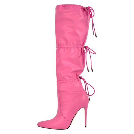 Pointed Toe Lace-up Stiletto Knee High Boots | Onlymaker Best Price