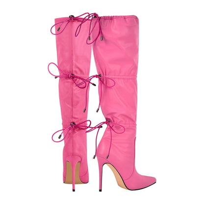 Pointed Toe Lace-up Stiletto Knee High Boots | Onlymaker Best Price