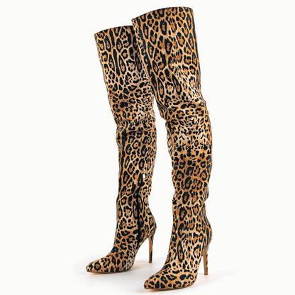 Red Leopard Pointed Toe Over The Knee Stiletto Boots | Onlymaker Recommended