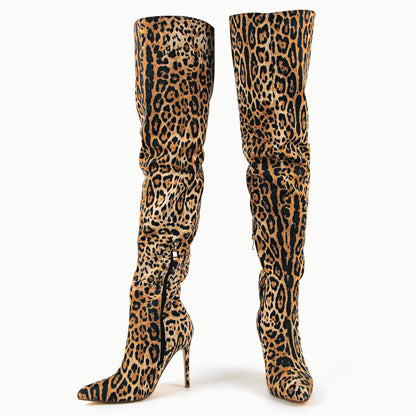 Red Leopard Pointed Toe Over The Knee Stiletto Boots | Onlymaker Recommended