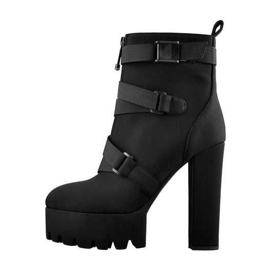 Platform Round Toe Zipper Strap Chunky High Heels Ankle Boots | Onlymaker Hot Sale