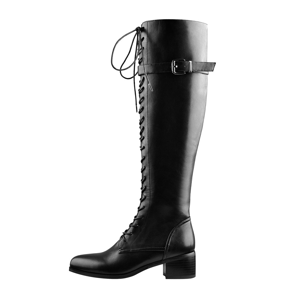 Round Toe Lace Up Sturdy Heel Side Zipper Knee High Boots | Onlymaker Signature