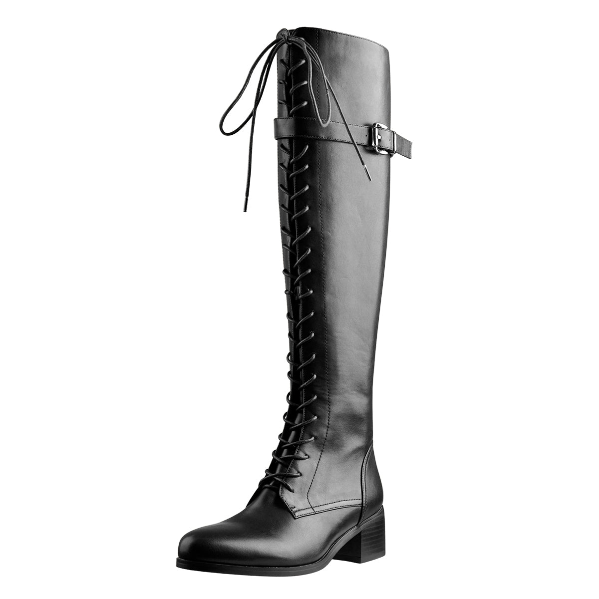 Round Toe Lace Up Sturdy Heel Side Zipper Knee High Boots | Onlymaker Signature