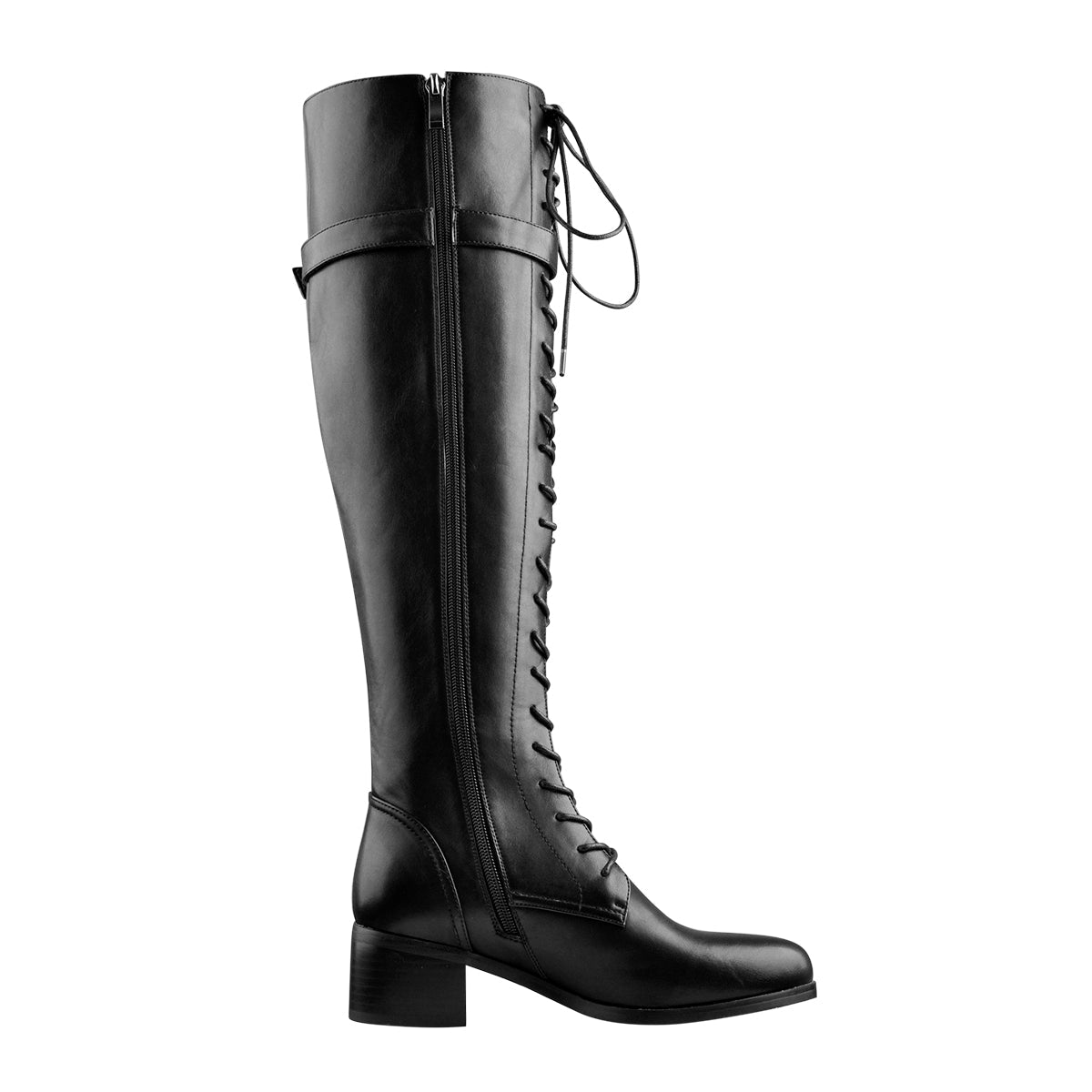 Round Toe Lace Up Sturdy Heel Side Zipper Knee High Boots | Onlymaker Signature