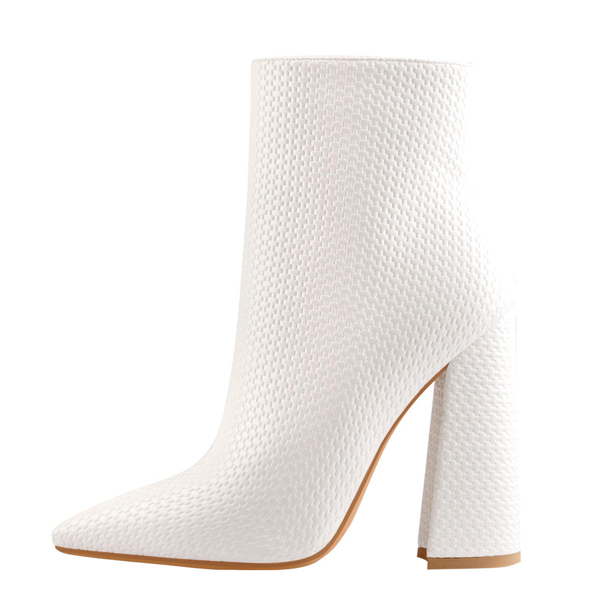 White Woven Pattern Back Zipper Squre Chunky Heel Ankle Boots | Onlymaker Great Value