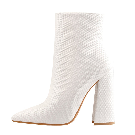 White Woven Pattern Back Zipper Squre Chunky Heel Ankle Boots | Onlymaker Great Value