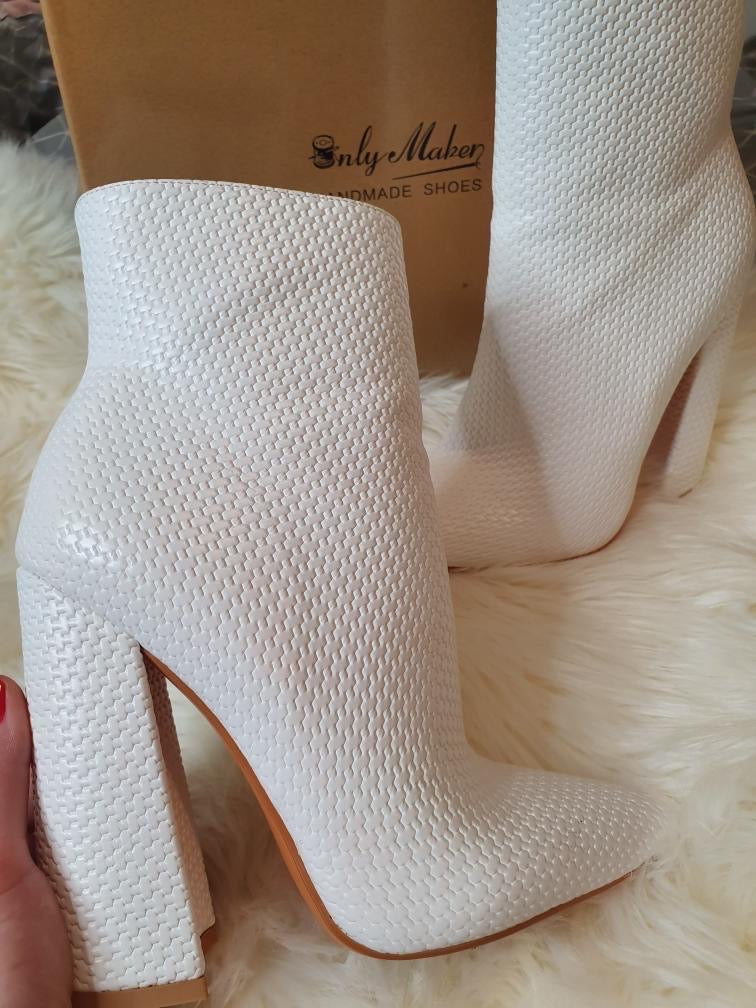 White Woven Pattern Back Zipper Squre Chunky Heel Ankle Boots | Onlymaker Great Value