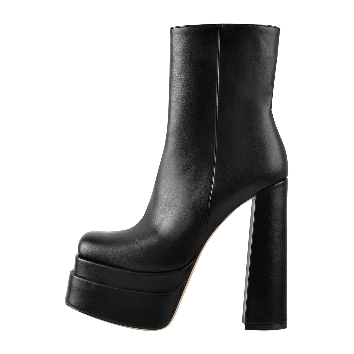 Square Toe Black Double Platform Block Heel Boots | Onlymaker Best Seller