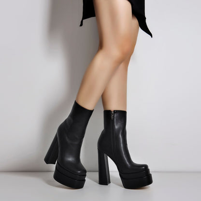Square Toe Black Double Platform Block Heel Boots | Onlymaker Best Seller