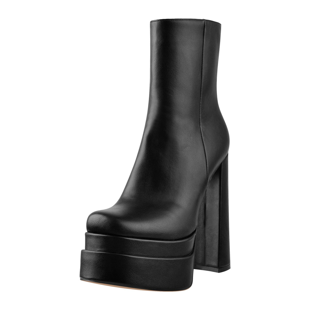 Square Toe Black Double Platform Block Heel Boots | Onlymaker Best Seller