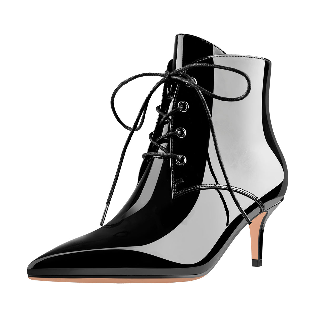 Patent Leather Pointed Toe Lace-up Kitten Low Heel Booties | Onlymaker Featured