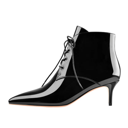 Patent Leather Pointed Toe Lace-up Kitten Low Heel Booties | Onlymaker Featured