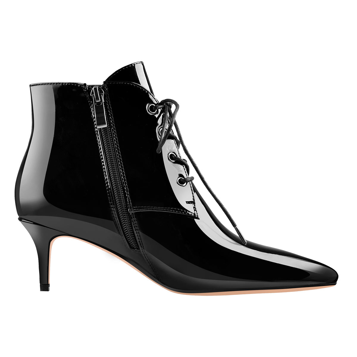 Patent Leather Pointed Toe Lace-up Kitten Low Heel Booties | Onlymaker Featured