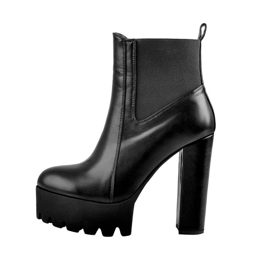 Round Toe Black Matte Leather Platform Chunky High Heel Ankle Boots | Onlymaker Smart Buy