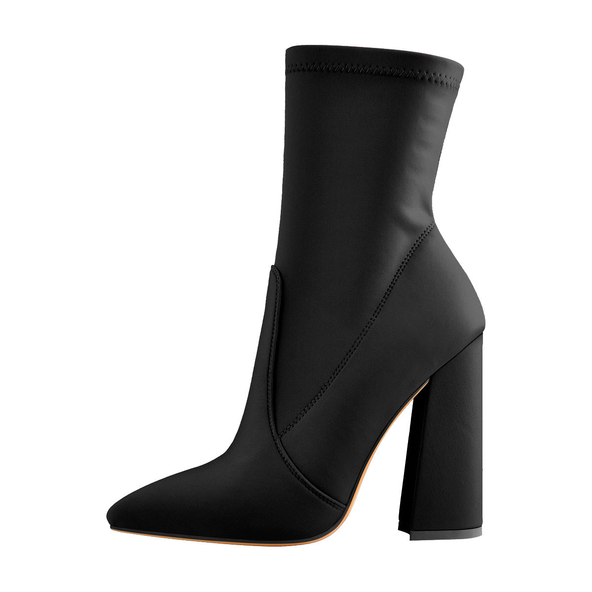 Pointed Toe Minimalistic Stretch Block High Heels Ankle Booties | Onlymaker Exclusive