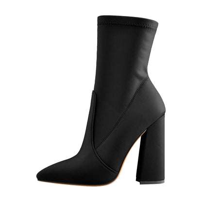 Pointed Toe Minimalistic Stretch Block High Heels Ankle Booties | Onlymaker Exclusive