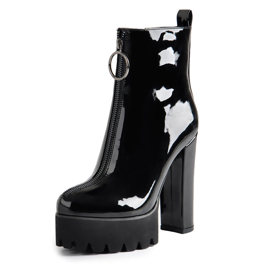 Round Toe Black Patent Leather Platform Chunky High Heel Ankle Boots | Onlymaker Everyday