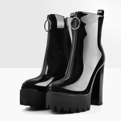 Round Toe Black Patent Leather Platform Chunky High Heel Ankle Boots | Onlymaker Everyday