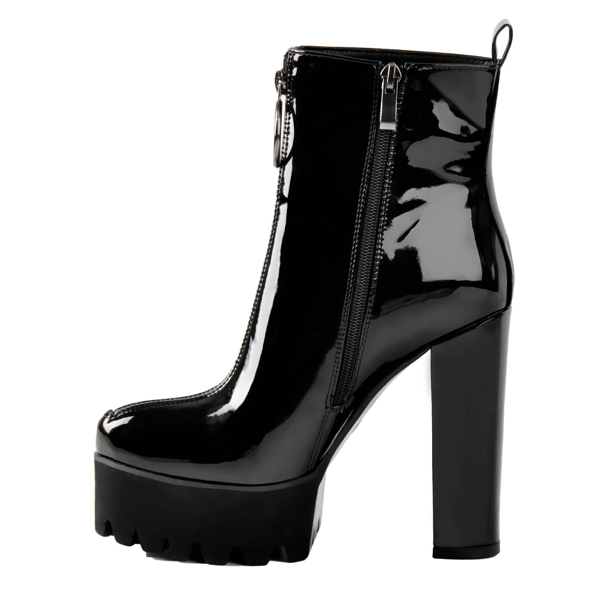 Round Toe Black Patent Leather Platform Chunky High Heel Ankle Boots | Onlymaker Everyday