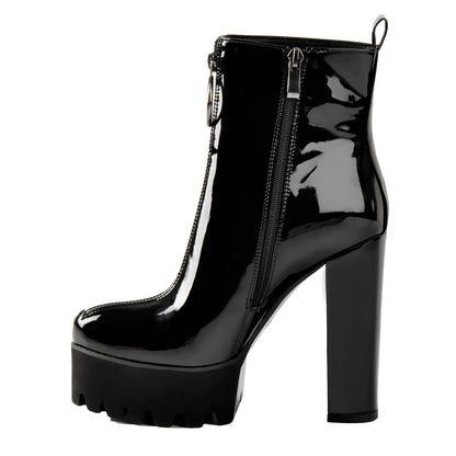Round Toe Black Patent Leather Platform Chunky High Heel Ankle Boots | Onlymaker Everyday