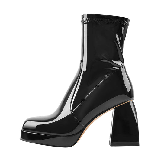 Black Patent Leather Square Chunky Heels Platform Ankle Boots | Onlymaker Exclusive