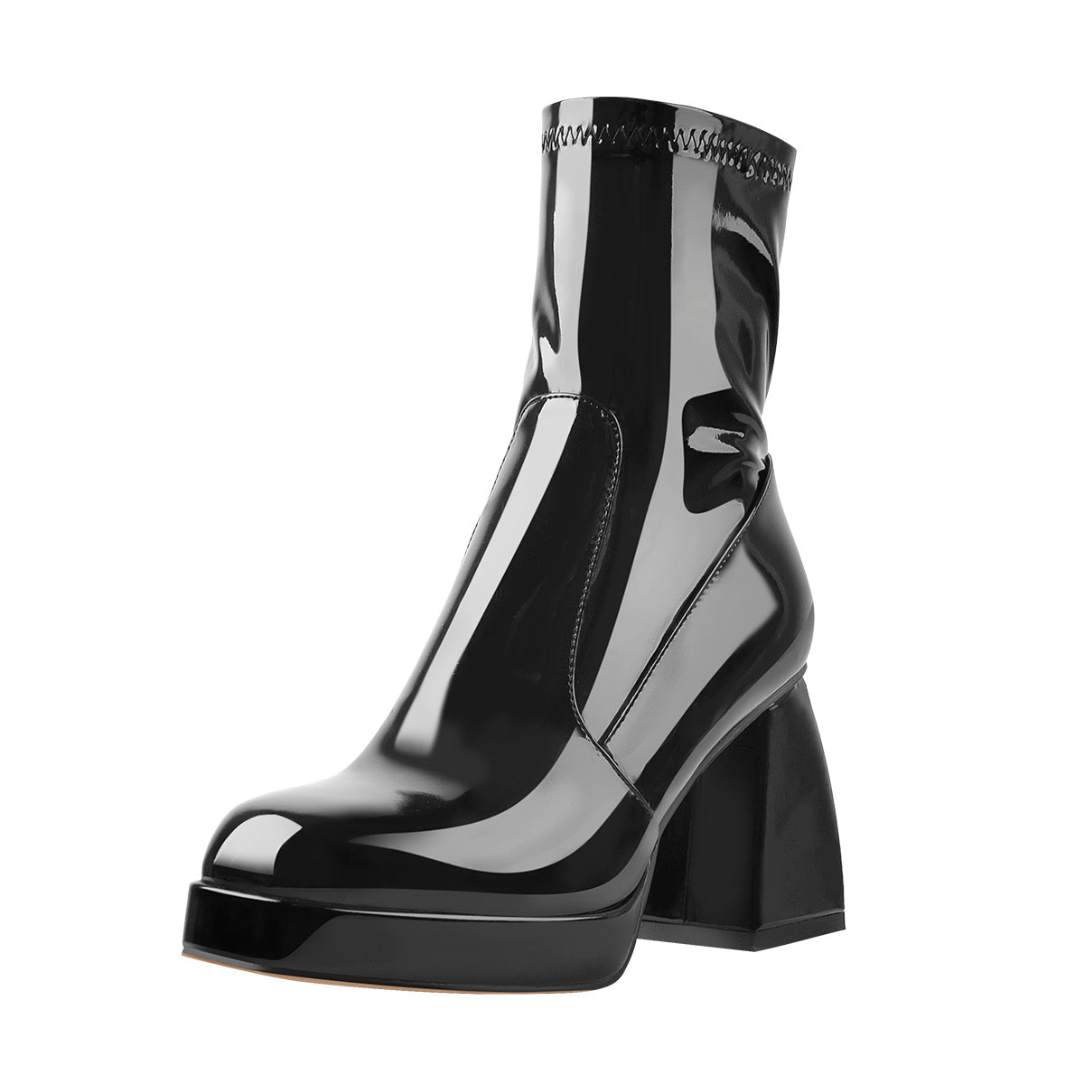 Black Patent Leather Square Chunky Heels Platform Ankle Boots | Onlymaker Exclusive