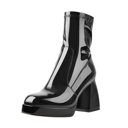 Black Patent Leather Square Chunky Heels Platform Ankle Boots | Onlymaker Exclusive