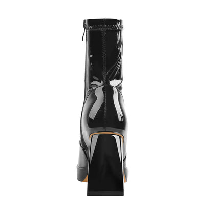 Black Patent Leather Square Chunky Heels Platform Ankle Boots | Onlymaker Exclusive