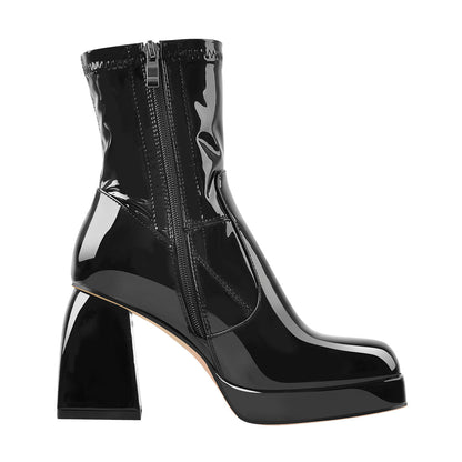 Black Patent Leather Square Chunky Heels Platform Ankle Boots | Onlymaker Exclusive