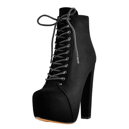 Black Suede Platform Round Toe Chunky Heel Ankle Boots | Onlymaker Best Seller