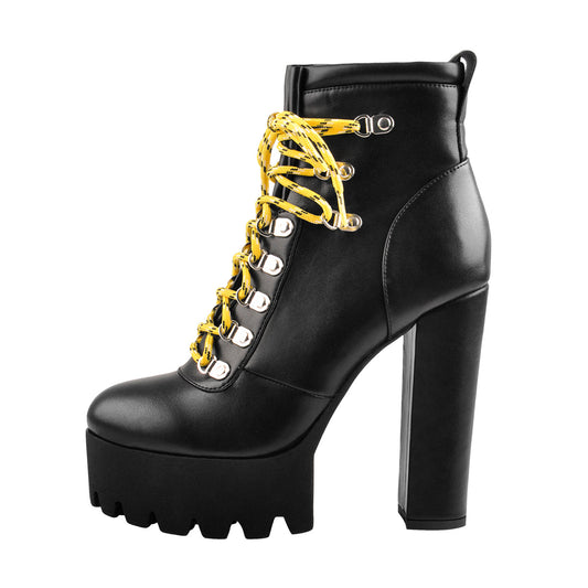 Yellow Strappy Round Toe Platform Chunky Heels Ankle Boots | Onlymaker Customer Favorite
