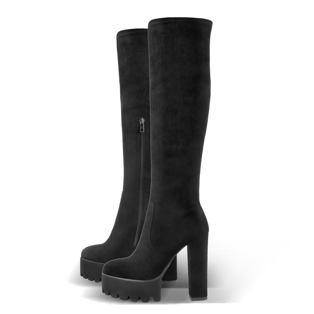 Platform Chunky Heels Round Toe Black Suede Over The Knee Boots | Onlymaker Essential