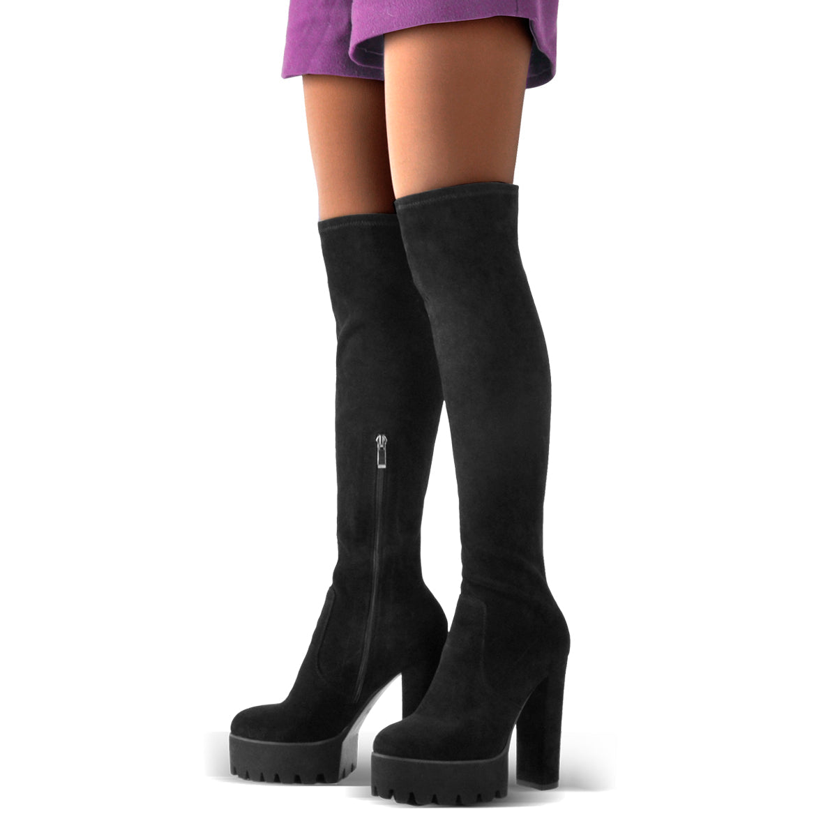 Platform Chunky Heels Round Toe Black Suede Over The Knee Boots | Onlymaker Essential