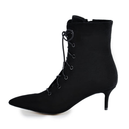 Kitten Low Heel Pointed Toe Lace Up Ankle Boots | Onlymaker Exclusive