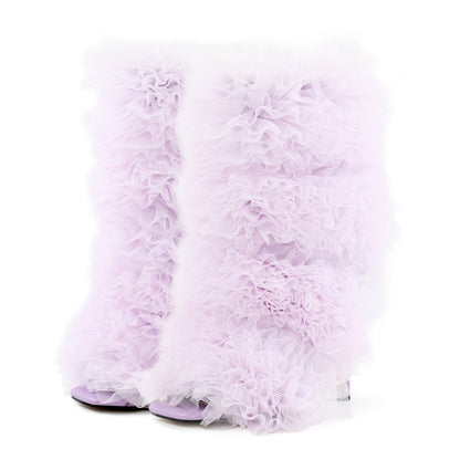 Purple Ruffled Lace Open Toe Stiletto Ankle Boots | Onlymaker Deals