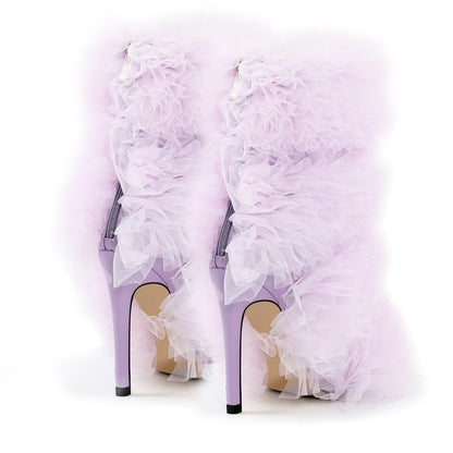 Purple Ruffled Lace Open Toe Stiletto Ankle Boots | Onlymaker Deals