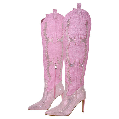 Pointed Toe Stiletto Rhinestone Over The Knee Boots | Onlymaker New