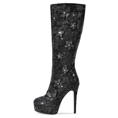 Platform Rhinestone Flower Knee High Boots | Onlymaker Trusted