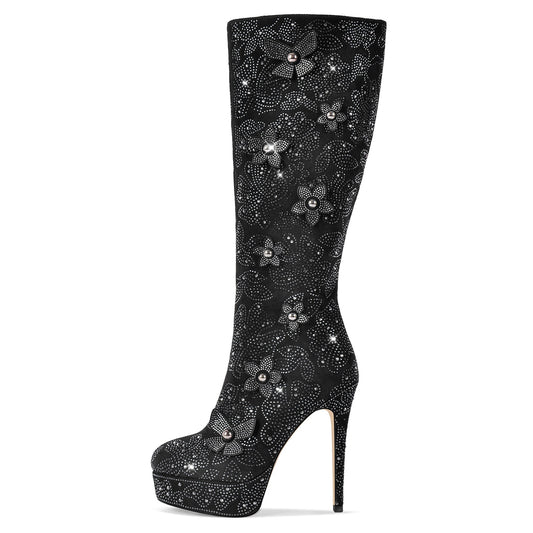 Platform Rhinestone Flower Knee High Boots | Onlymaker Trusted
